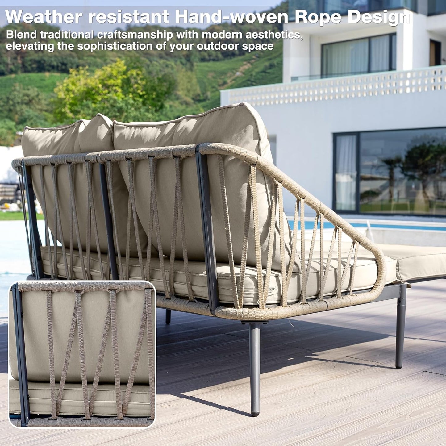 Patio Adjustable Daybed, 2-Person Outdoor Daybed with Cushions and Pillows, Woven Rope Patio Loveseat Garden Adjustable Reclining Chaise Lounge for Lawn