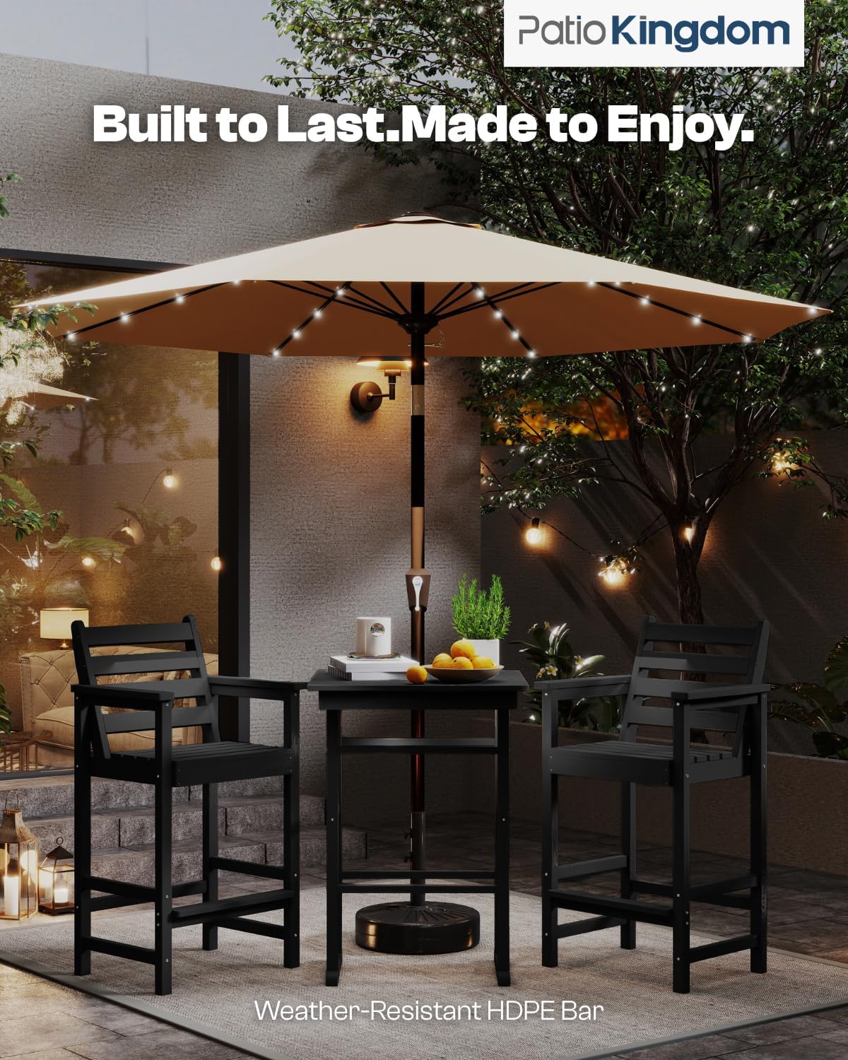 Outdoor Bar Set, 3-Piece HDPE Balcony Set with 2 Tall Adirondack Chairs and Bar Table, All-Weather Bar Height Stools for Patio, Backyard, Poolside (Black)
