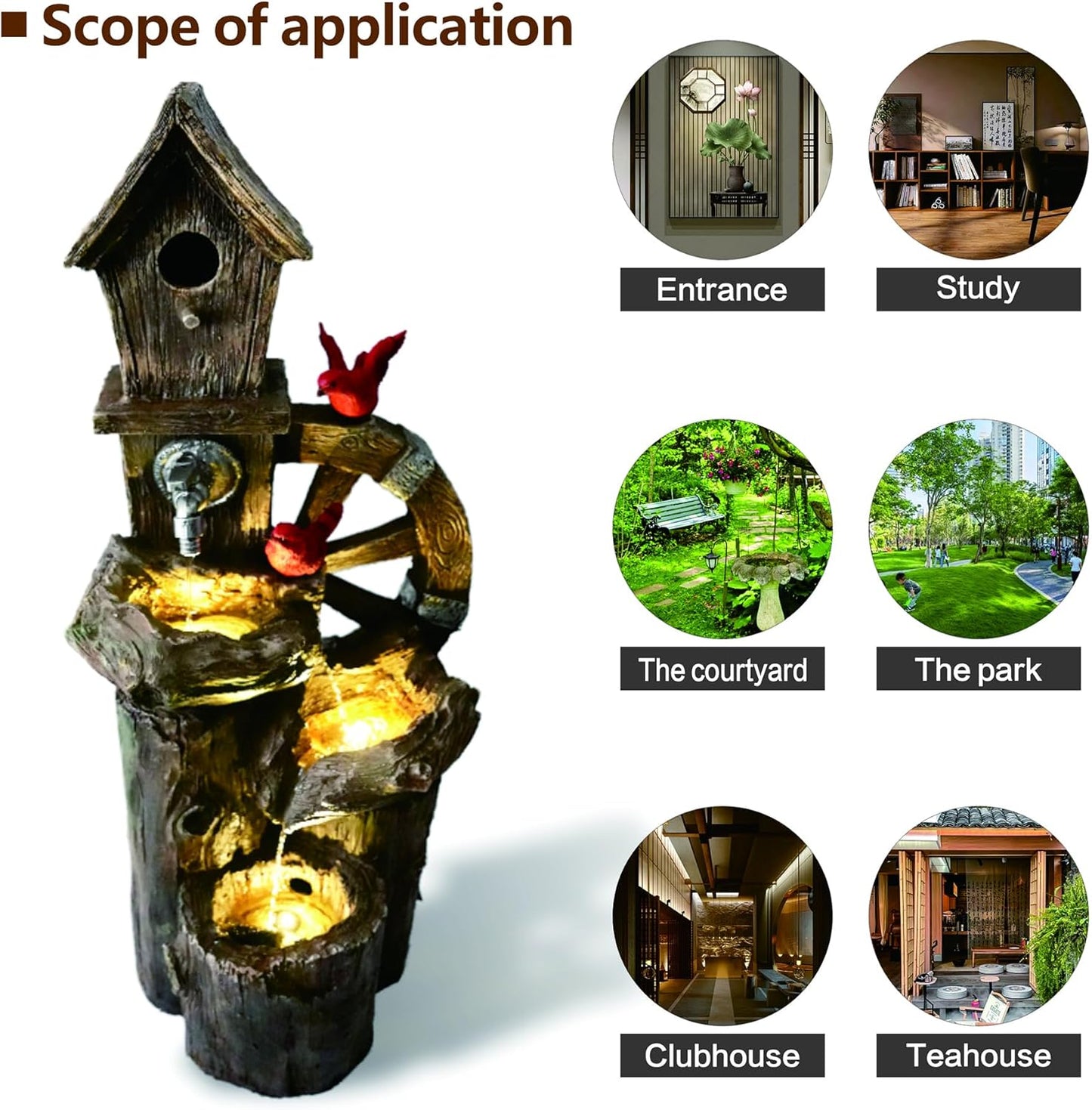 Decorative Garden Birdhouse Three Tier Water Fountain Outdoor with LED Lights and Water Wheel