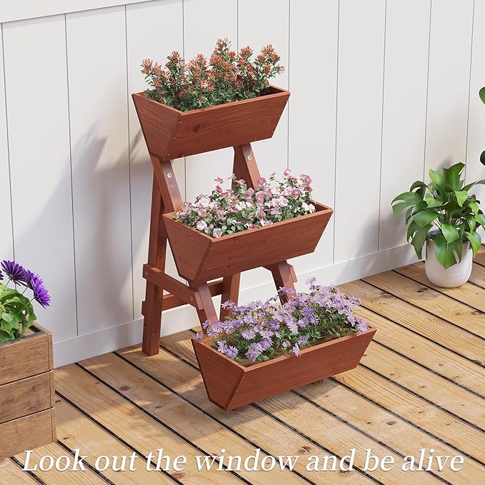 3-Tiers Wooden Raised Garden Bed,Wood Planter Box for Vegetable,Flower Rack,Flower Pot Stands,Indoor Outdoor Gardening Planting Beds (Brick red, Small)