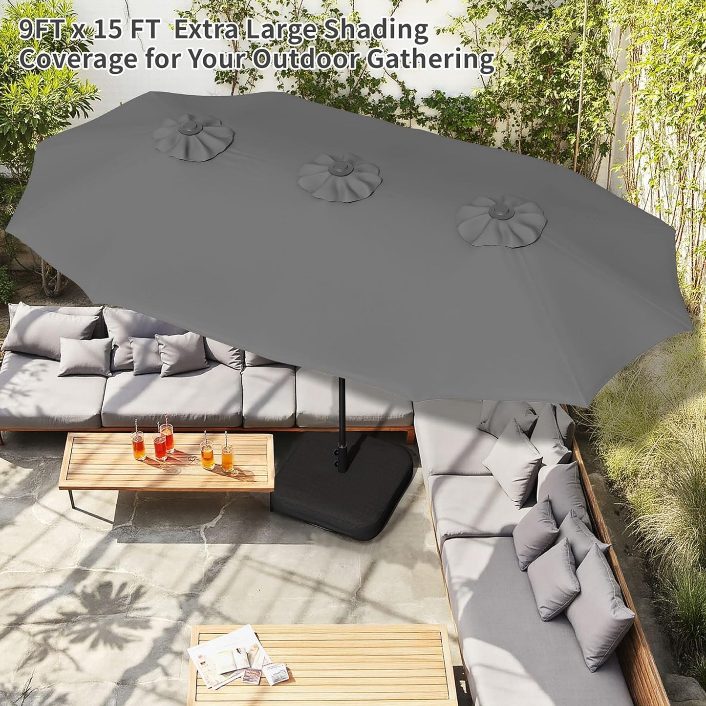 Shintenchi 16FT Large Patio Umbrella with Base, Outdoor Double-Sided Rectangular Umbrella, Market Umbrella with Crank Handle for Poolside Lawn Garden, Gray