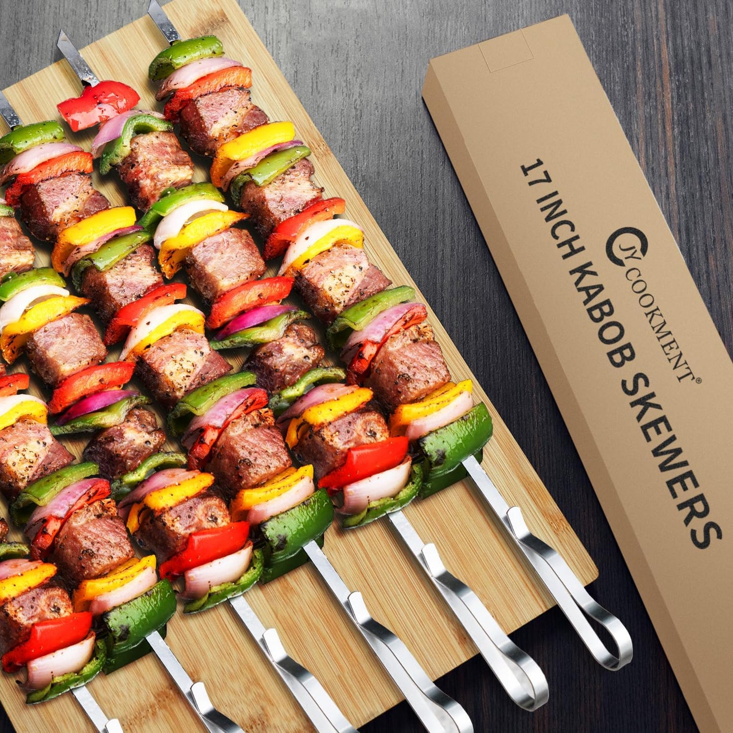 Kabob Skewers 17" Stainless Steel Long BBQ Barbecue Skewers, Flat Metal Kebob Sticks Wide Reusable Grilling Skewers for Meat Chicken,Set of 12 with Storage Bag