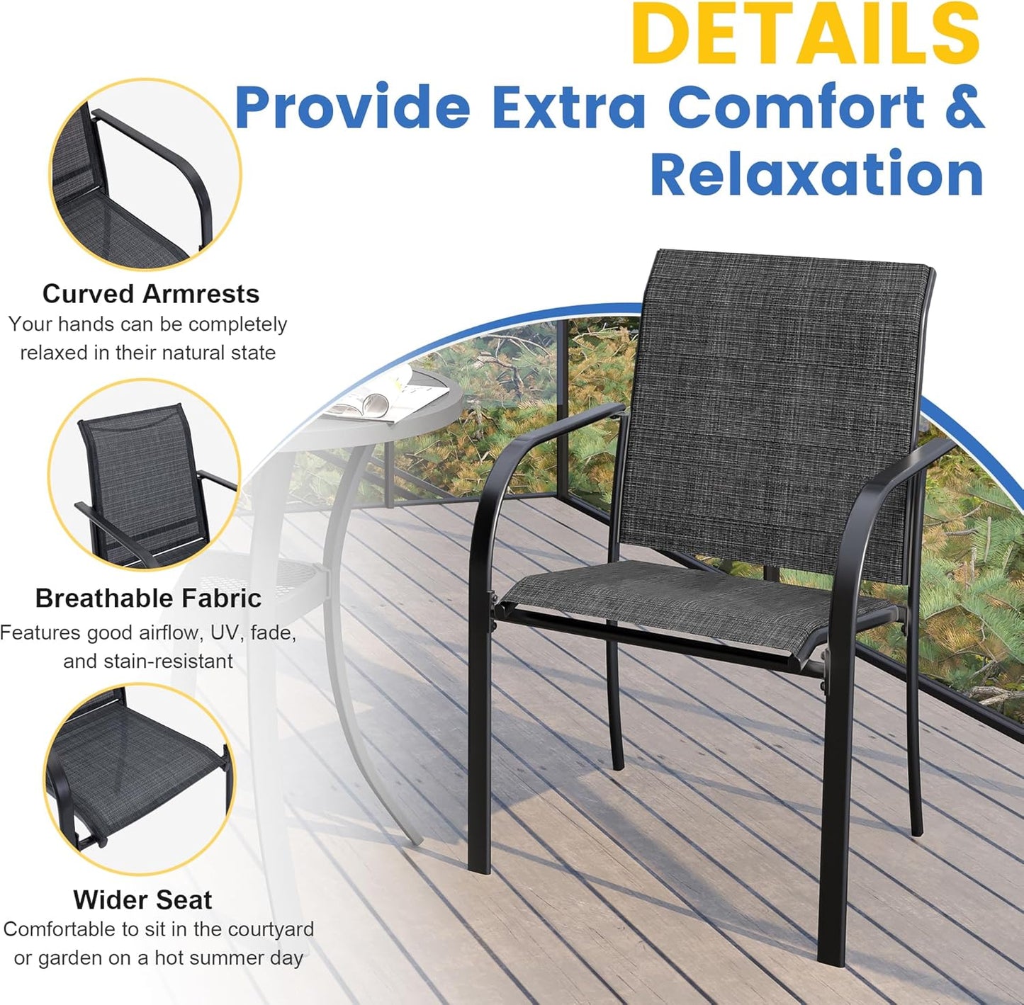 VICLLAX Patio Dining Set for 4, Outdoor Furniture Set Includes 1 Square Table and 4 Stackable Sling Chairs, Black Table and Dark Grey Chairs