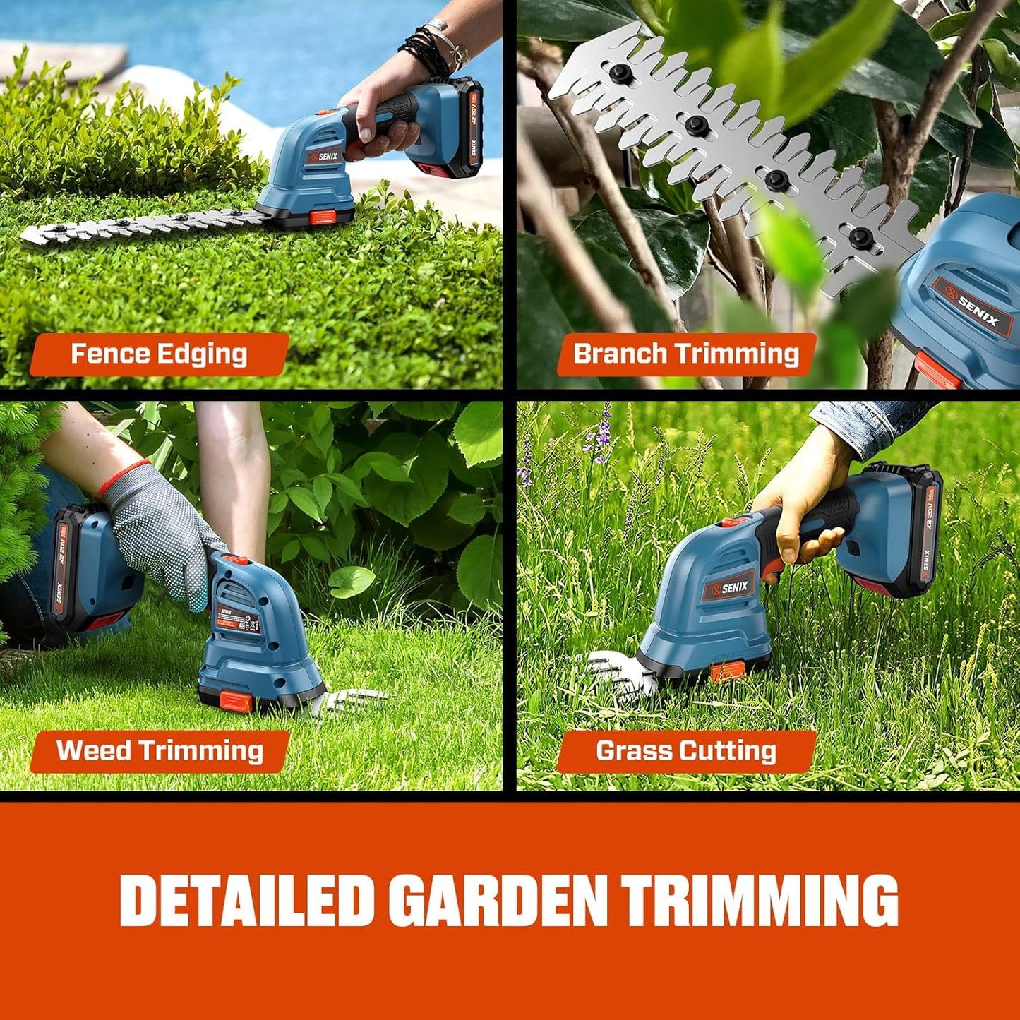 Senix X2 20 Volt Max* 2-in-1 Cordless Hedge Trimmer and Grass Shear with Interchangeable 4-Inch and 8-Inch Blades, Includes 2.0 Ah Battery and Charger (GSX2-M)