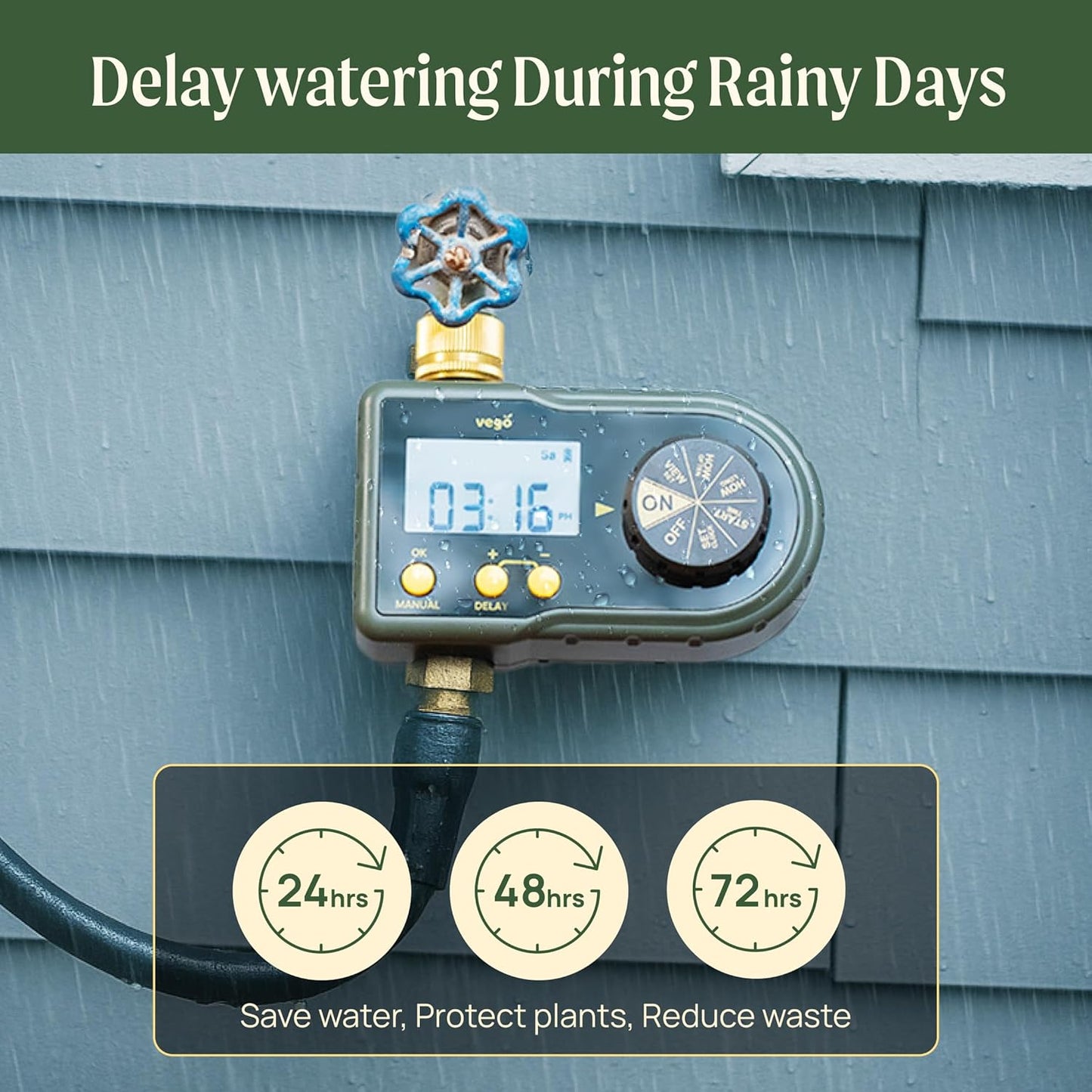 Vego Sprinkler Timer with Brass Inlet- Watering Timer for Garden Hose with Rain Delay/Manual Watering/Automatic Irrigation System - Water Hose Timer for Yard Lawn