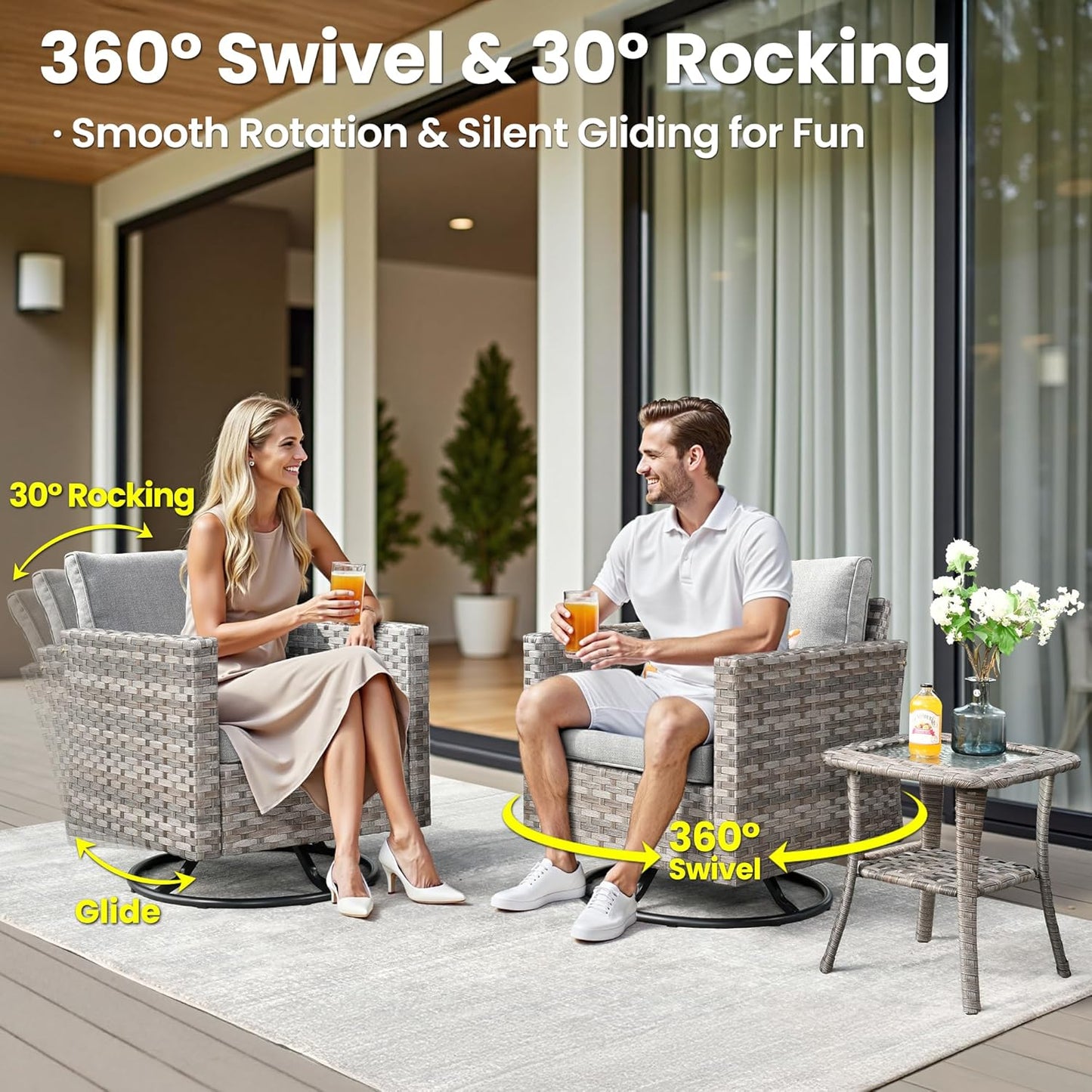 ovios 15 Pieces Patio Furniture Set, Outdoor Wicker Sectional Sofa with Swivel Chairs Coffee Table, Modern Modular Deep Seat Rattan Couch Conversation Sets, Dark Grey