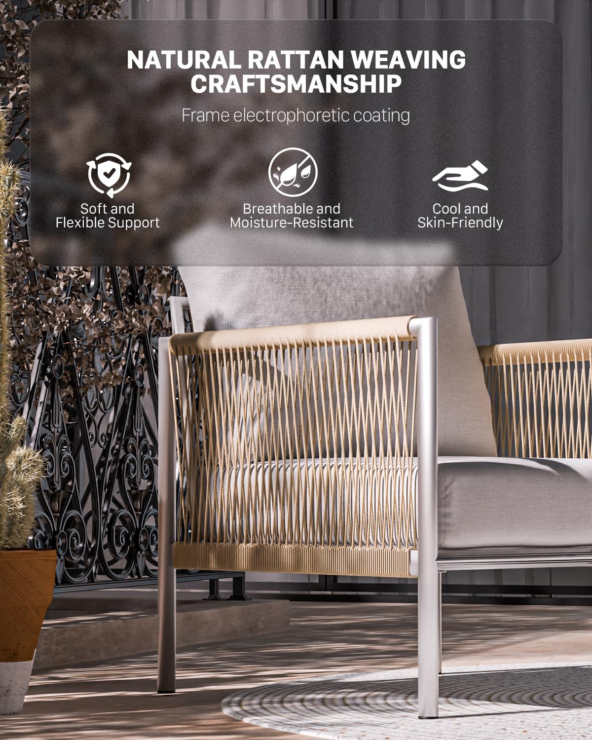 ZANDOR Aluminum Outdoor Patio Furniture 2 Pcs Armchair, All-Weather Metal Modern Outside Furniture with Washable Thick Cushion, HDPE Woven Rope Rattan Bistro Sofa Chair, Garden/Backyard/Porch, Silver