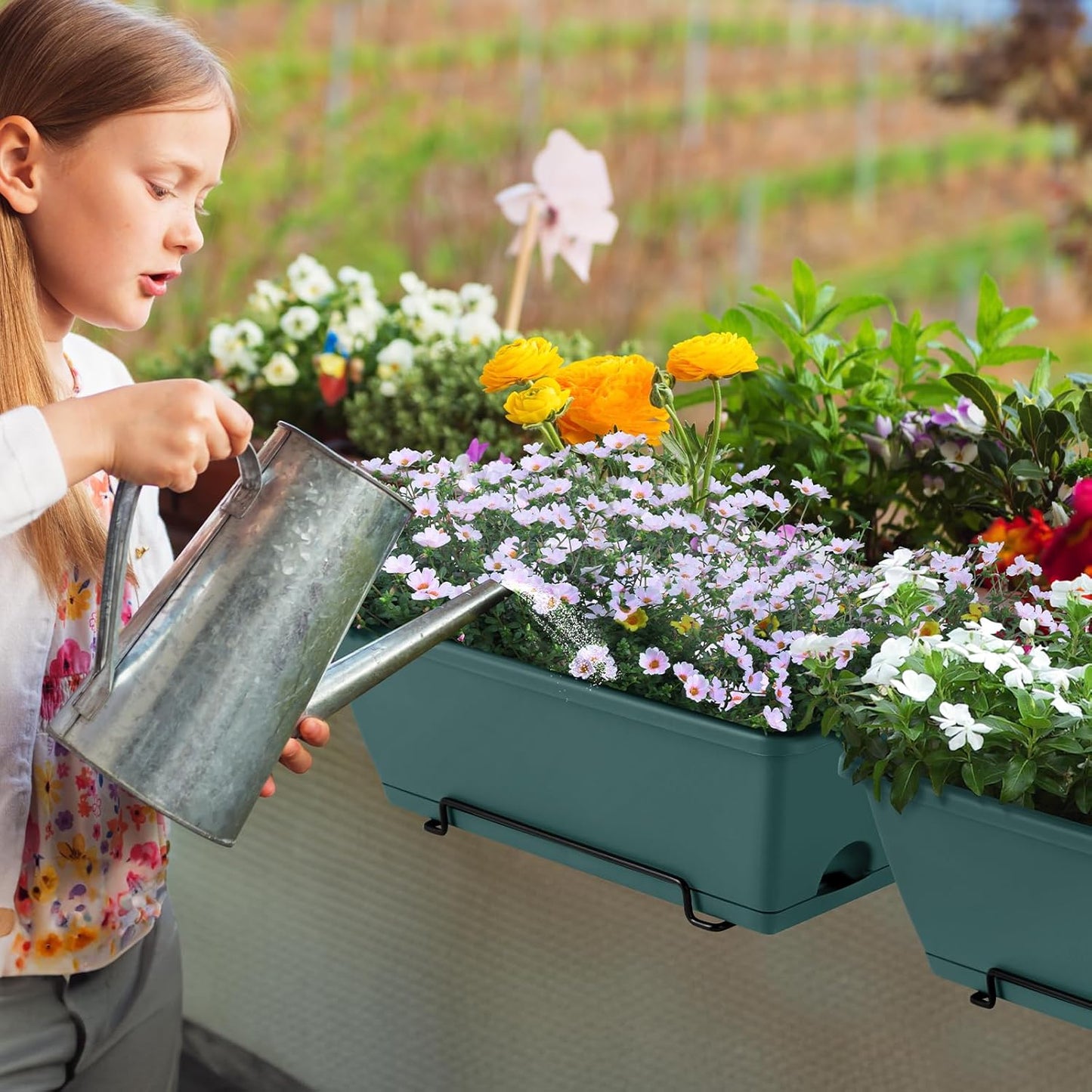 HAITRAL Railing Planter Boxes (16.9 Inch, 6 Pack) Green Plastic Deck Rail Planters for Outdoor Plants, Hanging Window Boxes with Drainage Tray for Over Rail Porch Fence,Balcony & Home Decor