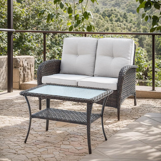 HUMMUH Outdoor Loveseat Sofa 2-Seat PE Wicker Outdoor Couch with Coffee Table, Deep Seat High Back Patio Furniture for Patio, Garden, Porch, Deck (Beige)