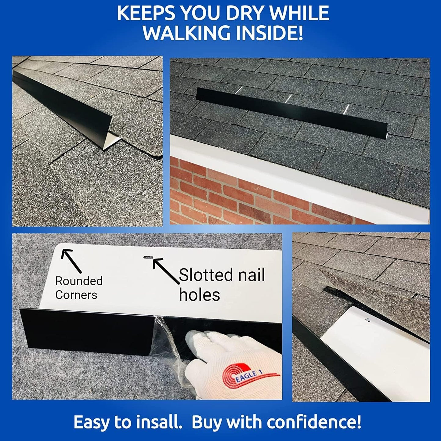 EAGLE 1- Shingle Roof Rain Diverter 40 Inches Long- 26 Gauge Material- Easy to Install- Includes Stainless Steel Nails (4, Black)