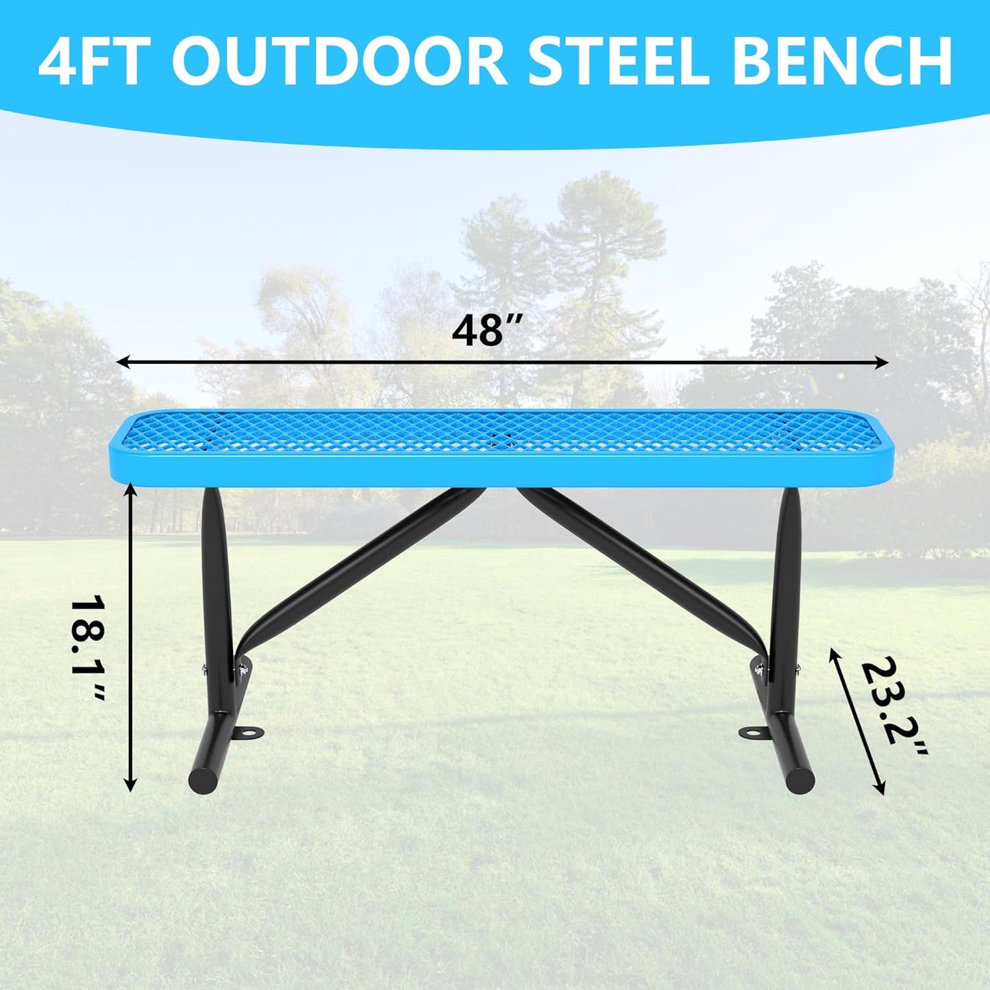 48" L Outdoor Steel Flat Bench, Heavy Duty Metal Park Bench for Outside, Expanded Metal, Commercial Benches Mesh Bench for Shopping Mall, Store, Lawn, Park, Patio, Deck, Garden (Blue, 4FT)