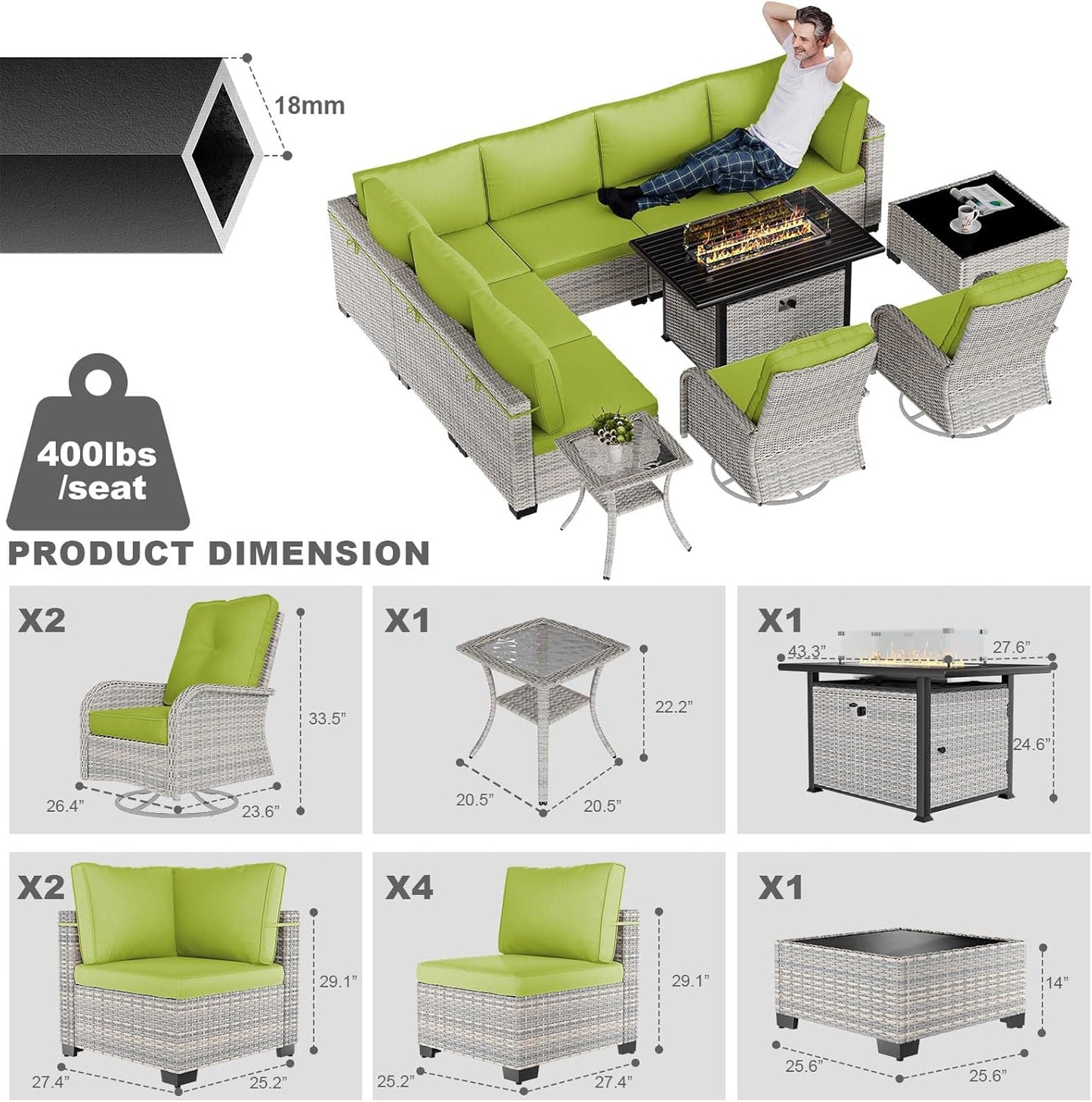 11-Piece Patio Furniture Set, Outdoor Patio Furniture with 55,000 BTU Fire Pit Table, Swivel Chairs Set, Thick Cushions, Modular Patio Sofa, Dual-Strand Rattan, Rust-Resistant Frame, Grass Green