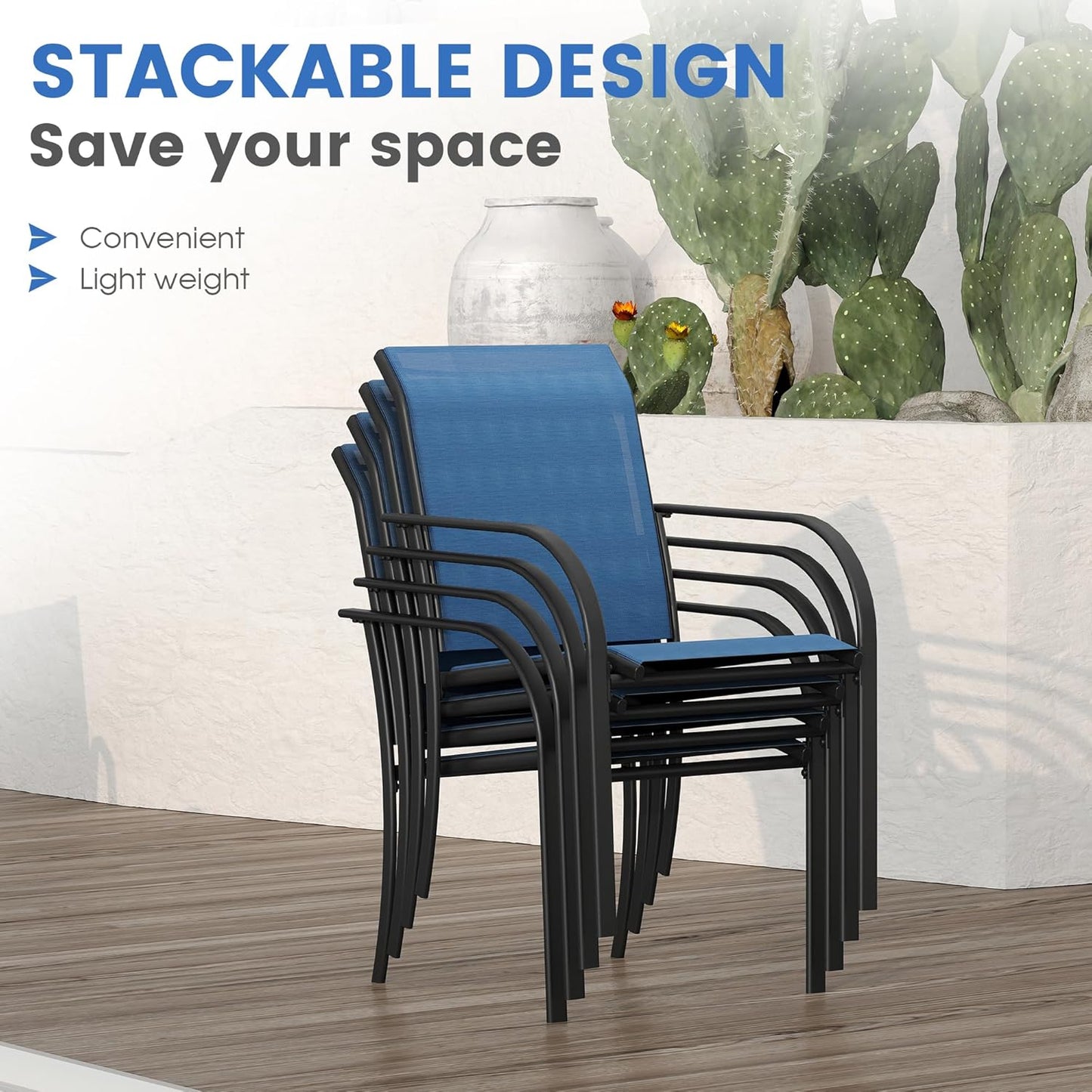VICLLAX 11 Pieces Patio Dining Set for 10, Outdoor Furniture Set Includes 60" Round Outdoor Table and 10 Lawn Stackable Chairs, Black Tabletop and Blue Fabric