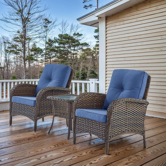 HUMMUH 3 Pieces Patio Furniture Set Outdoor Wicker Bistro Rattan Chairs with Glass Top Side Table and Thickened Cushions for Porch Deck Backyard Poolside
