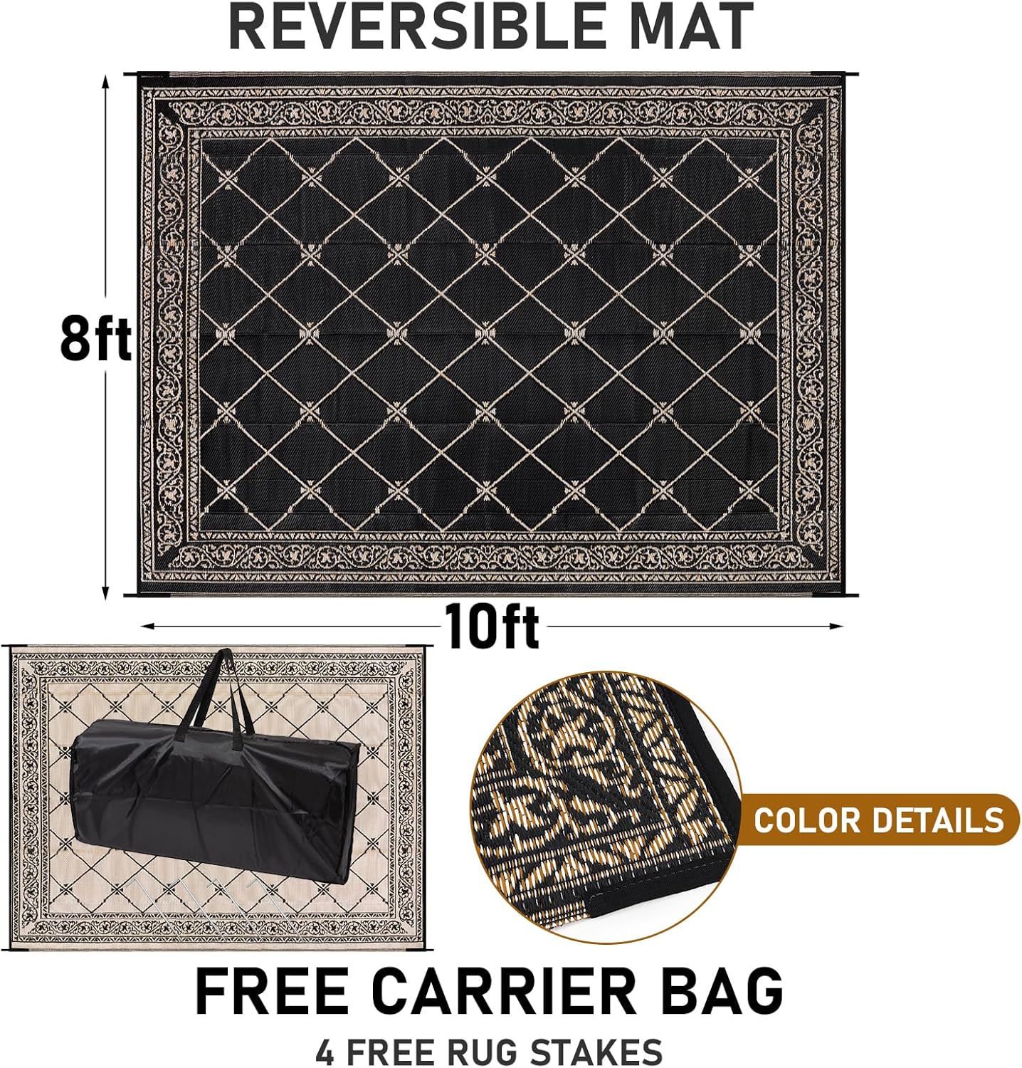 Outdoor Rug 8'x10' for Patios Waterproof Patio Rugs Outdoor Mats for Front Porch,Beach Mat,Reversible Plastic Straw Camping Rugs for Outside RV,Deck,Balcony,Backyard，Black&Beige