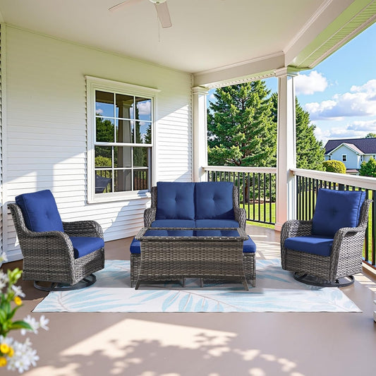 Wicker Outdoor Furniture Patio Furniture Set - 6 Piece Patio Conversation Set with Swivel Rocker Chairs, Loveseat Sofa, Ottomans and Coffee Table, Blue Cushion