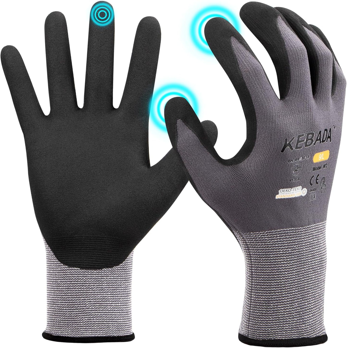 Kebada W2 Safety Work Gloves, Micro-Foam Nitrile Coated Gloves, Touchscreen,Ideal for Package Handling, Gardening, Construction, 1 Pair Medium