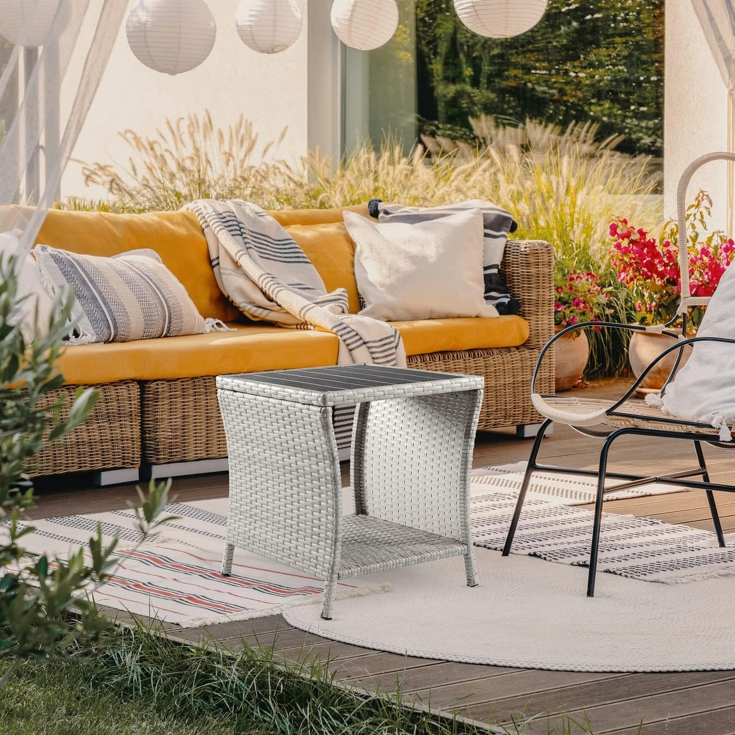 Outdoor Side Table for Patio Small Rattan Wicker Coffee Table Balcony Table Outside End Table with Poly Lumber Table Top & Storage Bistro Table for Garden Porch Deck Living Room Backyard Grey