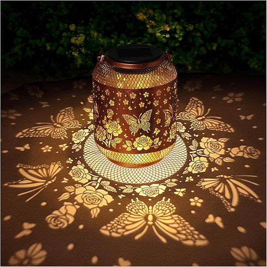 Butterfly Solar Lanterns Outdoor Waterproof Rose Garden Decor Gifts for Women Mom Grandma Hanging Solar Lights Metal Lantern Decoration Outside for Yard, Patio, Backyard, Porch
