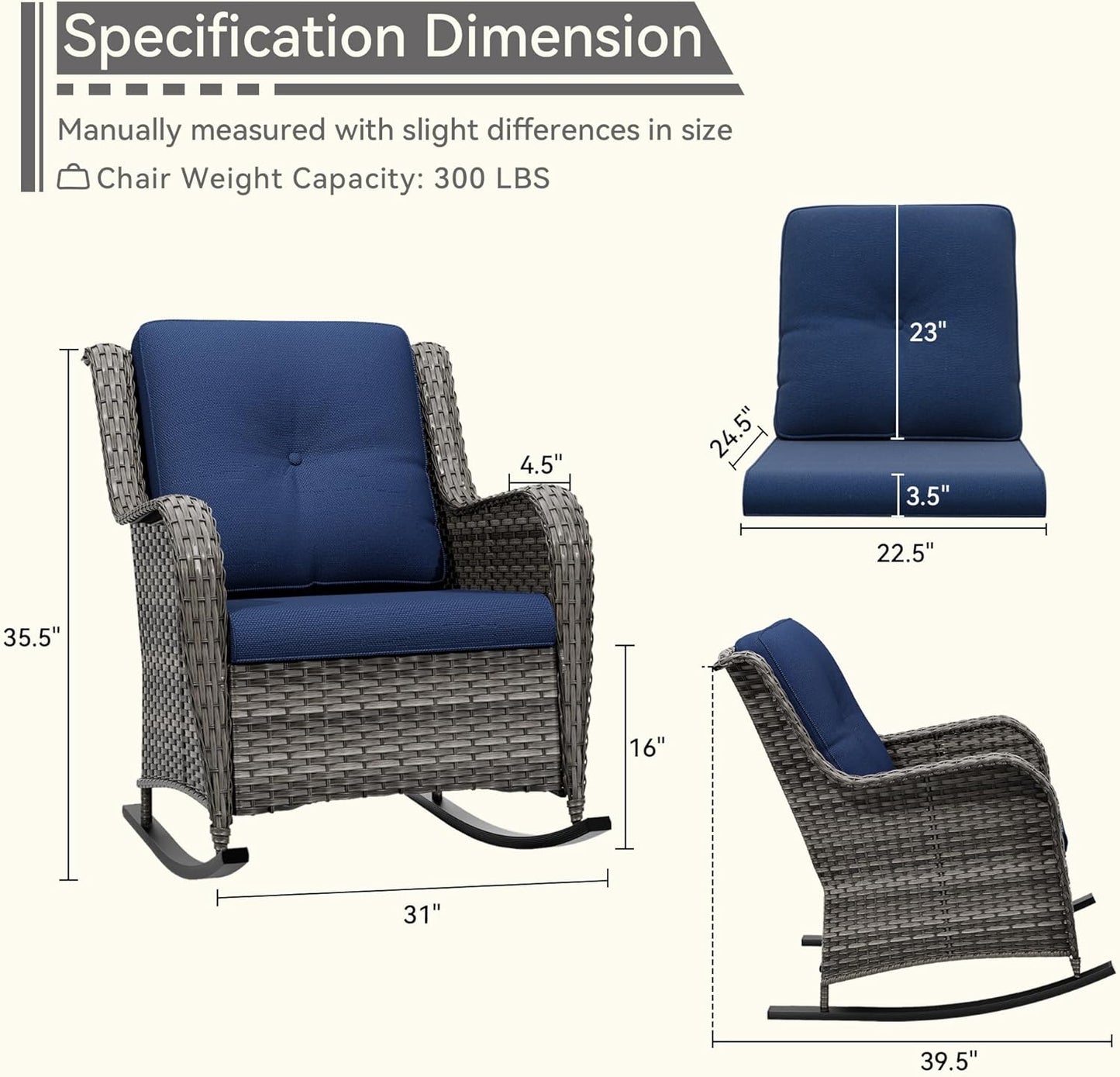Outdoor Rocking Chair of 2, Wicker Patio Rocker Chair for Yard, Porch, Mixed Brown Grey Rattan, Blue Cushions
