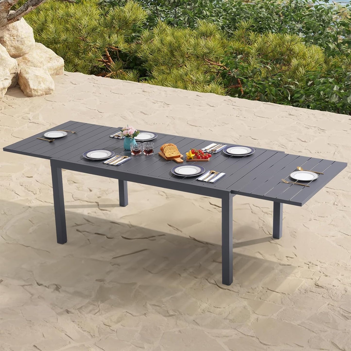 Soleil Jardin Aluminum Patio Extendable Dining Table, 63" - 105", Adjustable Indoor Outdoor Furniture Rectangle Table for 6-10 Person Porch Deck Garden, Dark-Grey