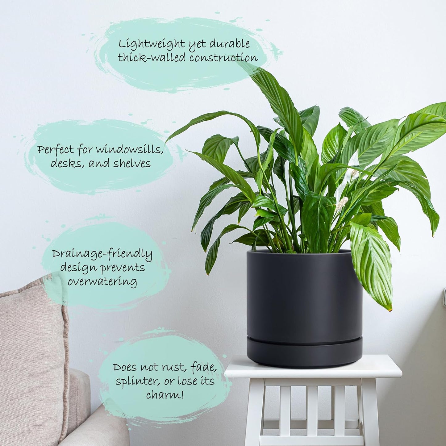 Phoenix Vine 6 Inch Planter Pot with Drainage Hole & Saucer, Deep Water Catch Tray, Straight Cylindrical Round Pot for Plants, Matte Black, Pack of 4, 23-C-S-4