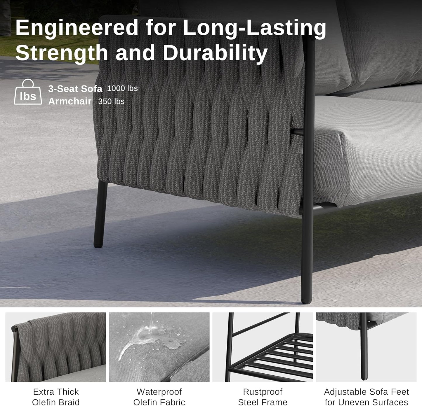 EAST OAK Life Chatter Patio Furniture Set, Outdoor Furniture Sectional Sofa Set with Round Coffee Table, 4 Seats Sofa Deep Seating with Thick & Washable Cushions, Black & Grey