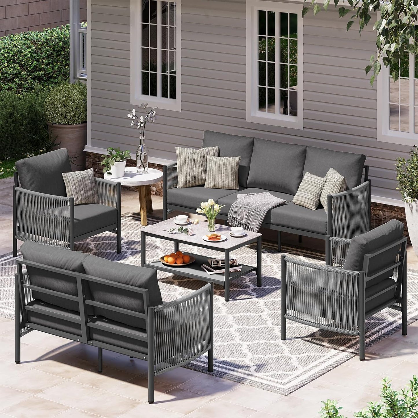 Aluminum Outdoor Patio Furniture Set, HDPE Rope 5 Piece Modern Sectional Conversation Sets with Dual-Layer Coffee Table, All Weather Patio Couch Sofa with Thick Cushions, Gray Frame, Charcoal