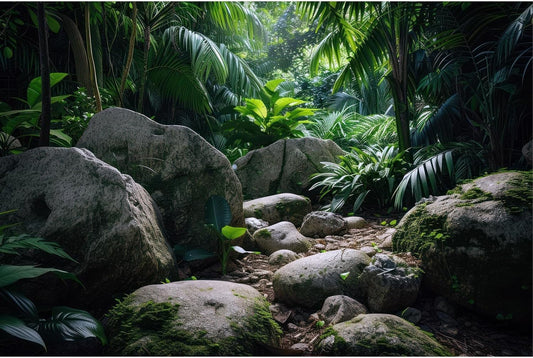 Reptile Habitat Backdrop Lush Tropical Plants and Rocks Terrarium Backdrop Dense Vegetation with Large Broad Leaves and Ferns Fish Tank Background Aquarium Wallpaper Poster Decor Vinyl 72x18in