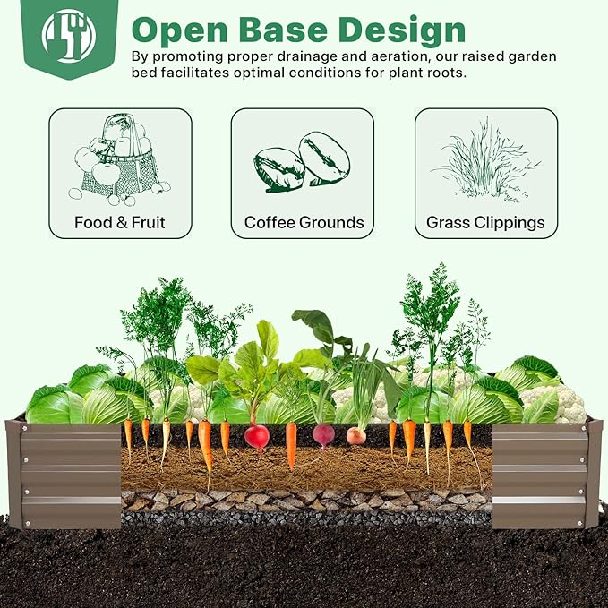 ONCEMORE Galvanized Raised Garden Bed for Vegetables Flowers Herbs, Metal Raised Garden Bed Kit with 2 PCS Tomato Cage, Gloves, Trellis Netting, Plant Labels, Plant Ties, Brown 8×4×1FT