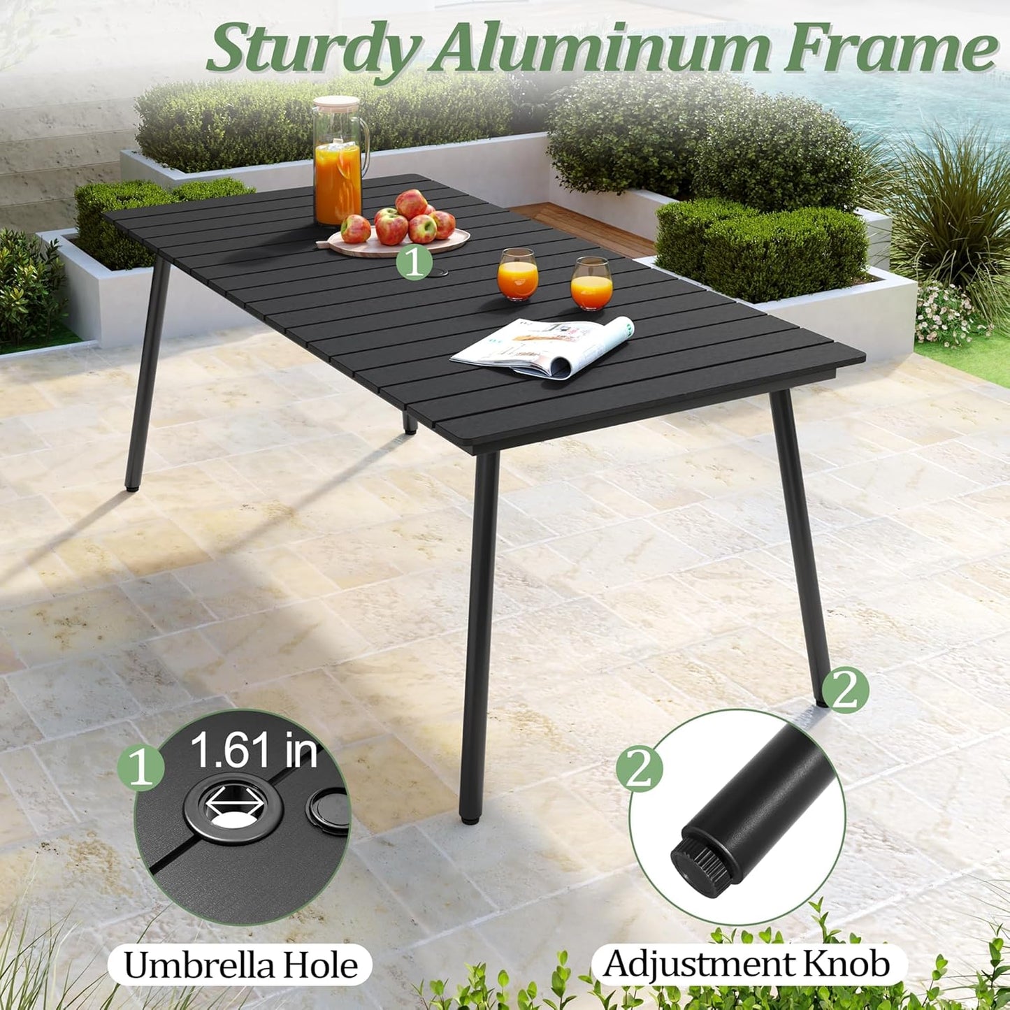 Outdoor Dining Table for 6, 70inch Patio Dining Table with Wooden-Like Top and Aluminum Frame, Rectangular Table with Umbrella Hole Outdoor Furniture, Only Table, Black