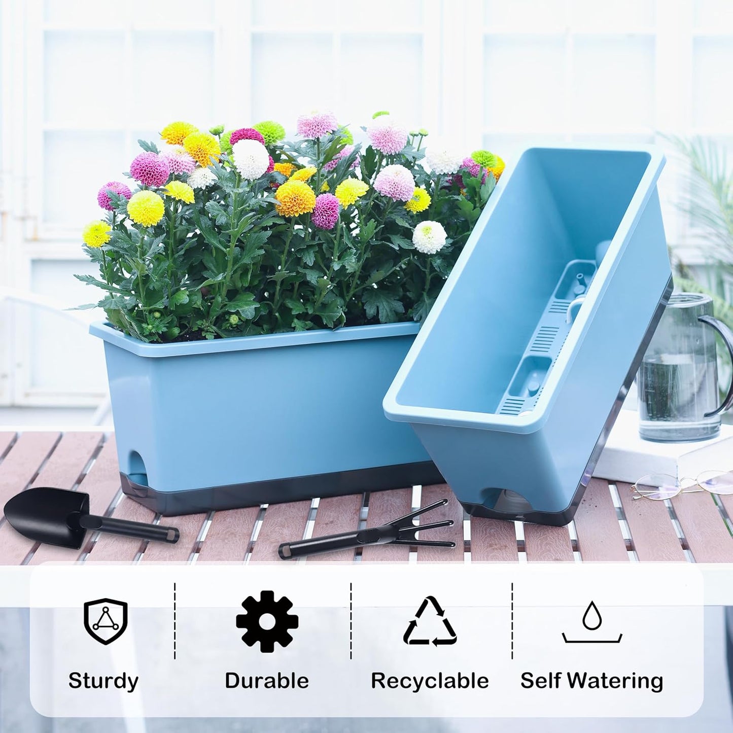 Window Box Planter 6 Pcs, 17 Inches Rectangle Flower Pots with Drainage Holes and Trays, Vegetable Planters for Windowsill Patio Garden Balcony Indoor Outdoor (Blue, 17 * 7.4 * 7.8 inch)