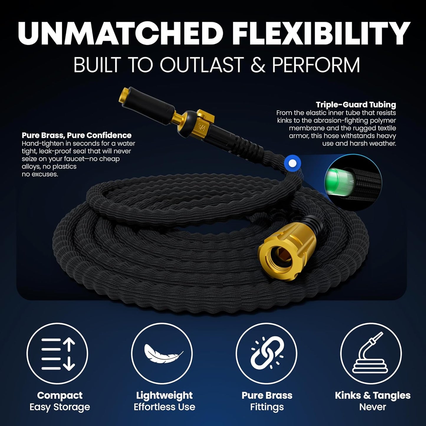 TITAN Flexible Garden Hose 50FT – Ultra Lightweight, Heavy Duty Water Hose with Brass Fittings & Jet Nozzle – Kink-Free, Non-Expanding, Durable Fabric Hose for Yard, Lawn, Car Wash, Outdoor Use