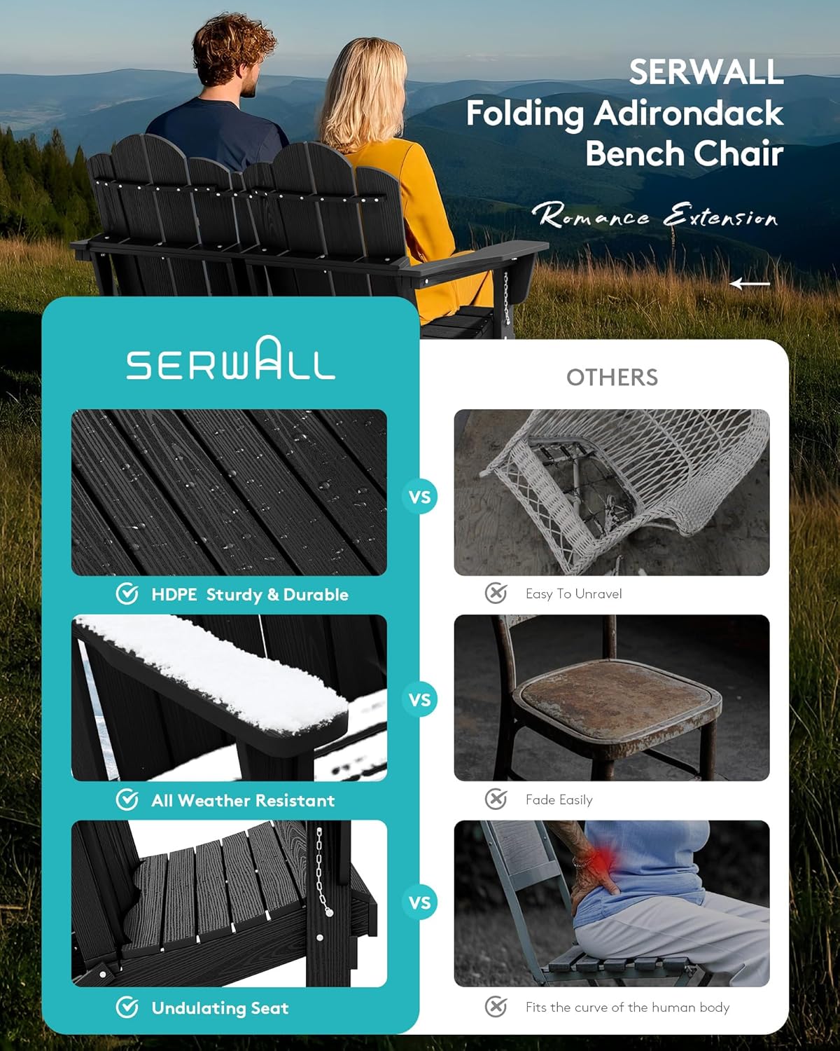 SERWALL Folding Adirondack Bench, HDPE All-Weather Adirondack Loveseat Set of 2, Black