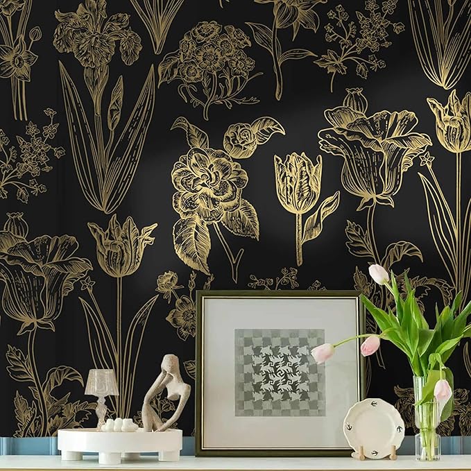 Dimoon 393"x17.3" Floral Wallpaper Peel and Stick Flowers Golden Black Contact Paper Thicken Waterproof Modern Self Adhesive Plants Wallpaper Removable Wall Paper Shelf Vinyl Roll