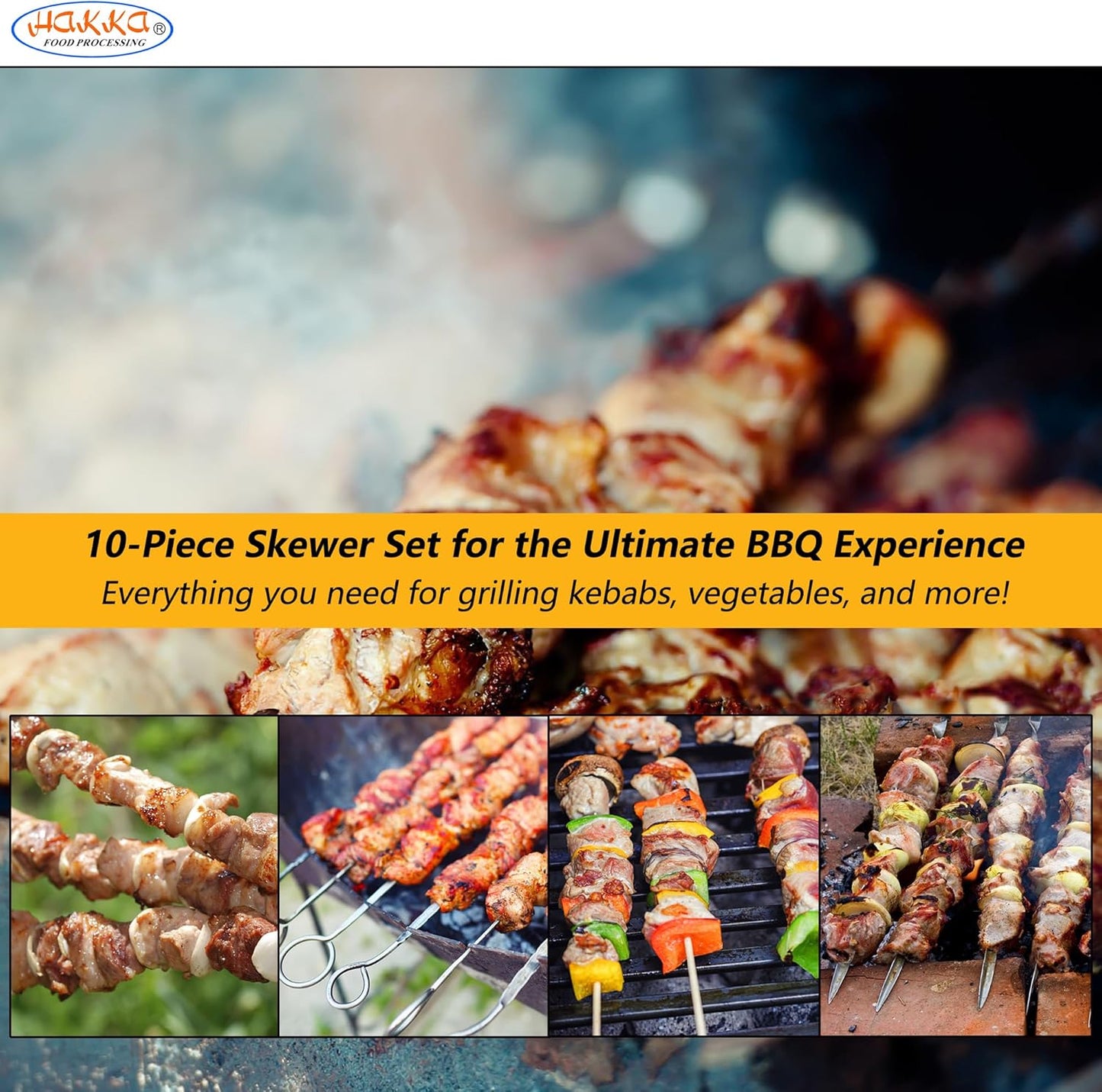 Hakka Stainless Steel Barbecue Skewers, 23" Heavy Duty Metal Skewers Large Wide Grilling Reusable Kabob Sticks with NonSlip Ring Handle,Set of 10