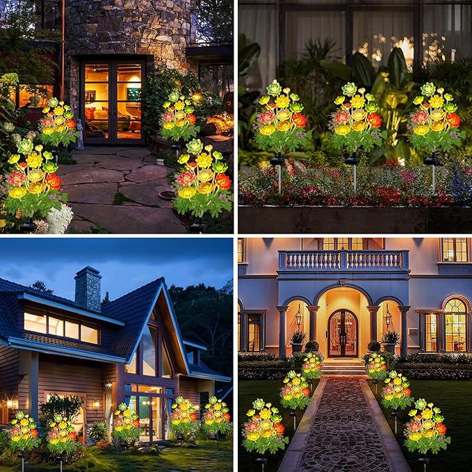 Kohlrabi Solar Garden Lights Outdoor, Upgraded 4 Pack Succulent Solar Lights, Gardening Gifts for Women, Succulent Plant Yard Decor Waterproof for Lawn Patio Pathway