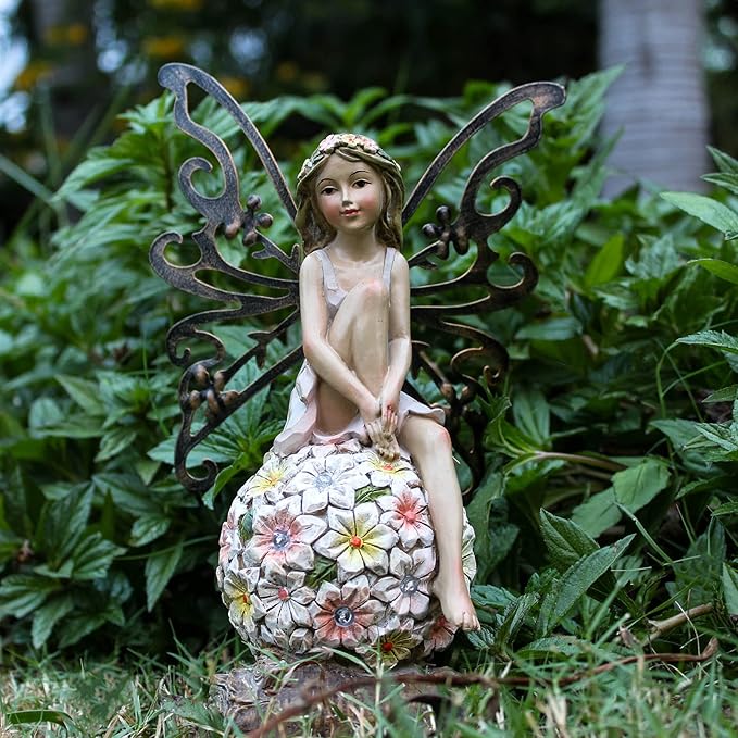 Flower Fairy Garden Decor,Garden Fairy Statues Outdoor,Solar Powered Outdoor Fairy Figurine Accessories,Patio Lawn Yard Porch, Resin Ornaments for Outside Gifts,9.45 Inches Tall