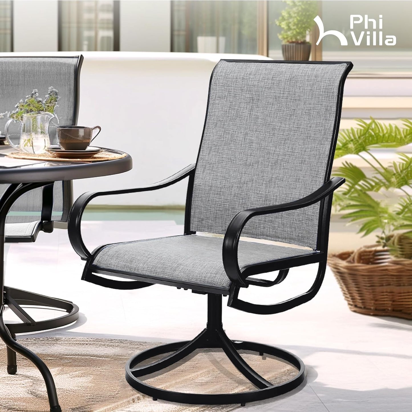PHI VILLA Patio Swivel Dining Chairs Set of 2, Outdoor Chair with Textilene Mesh Fabric & Black Metal Frame for All Weather Outdoor Lawn Garden Poolside (Gray)
