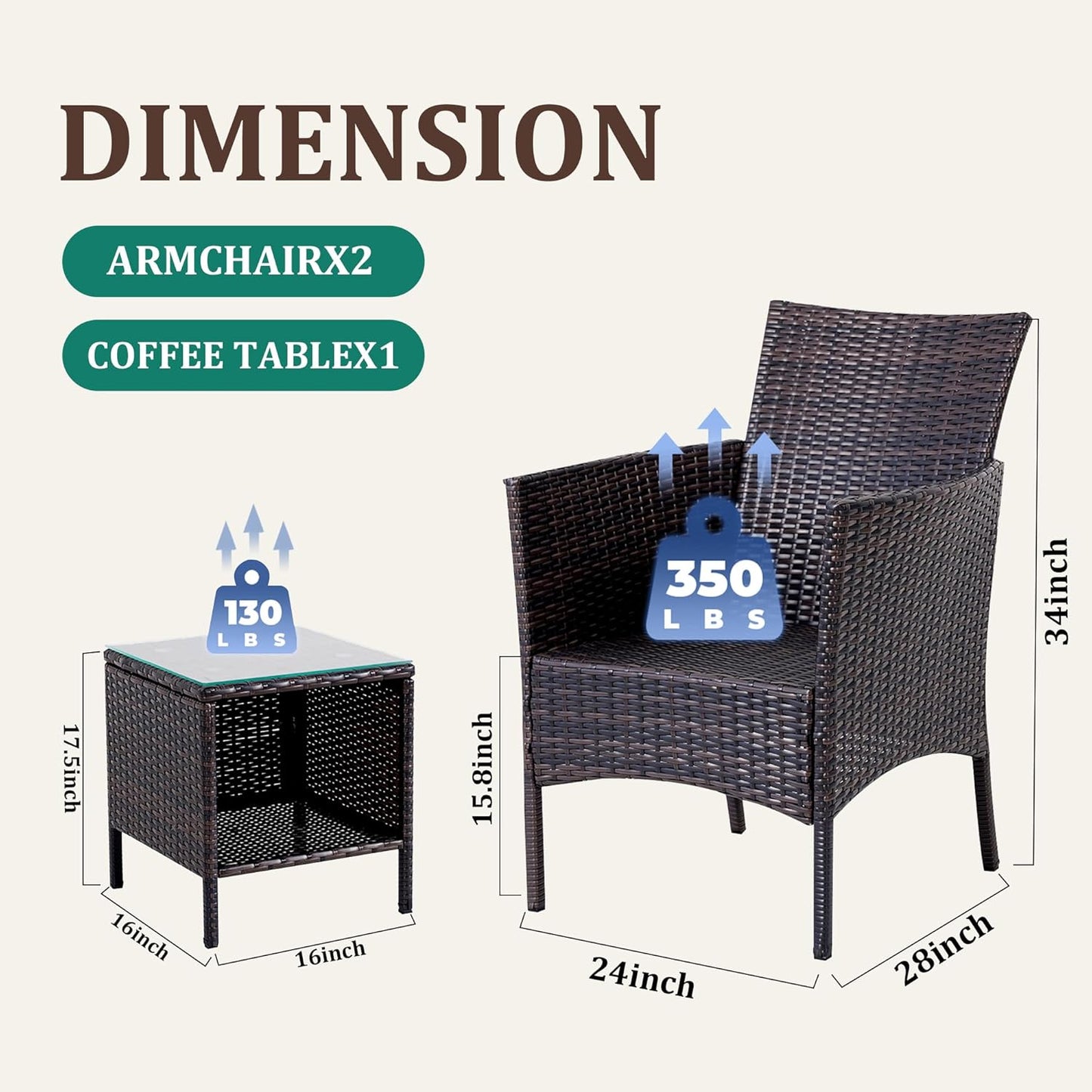 3 Piece Patio Furniture Set - Outdoor Conversation Sets with Coffee Table, Rattan Chair Set for Garden/Poolside, Brown/Green