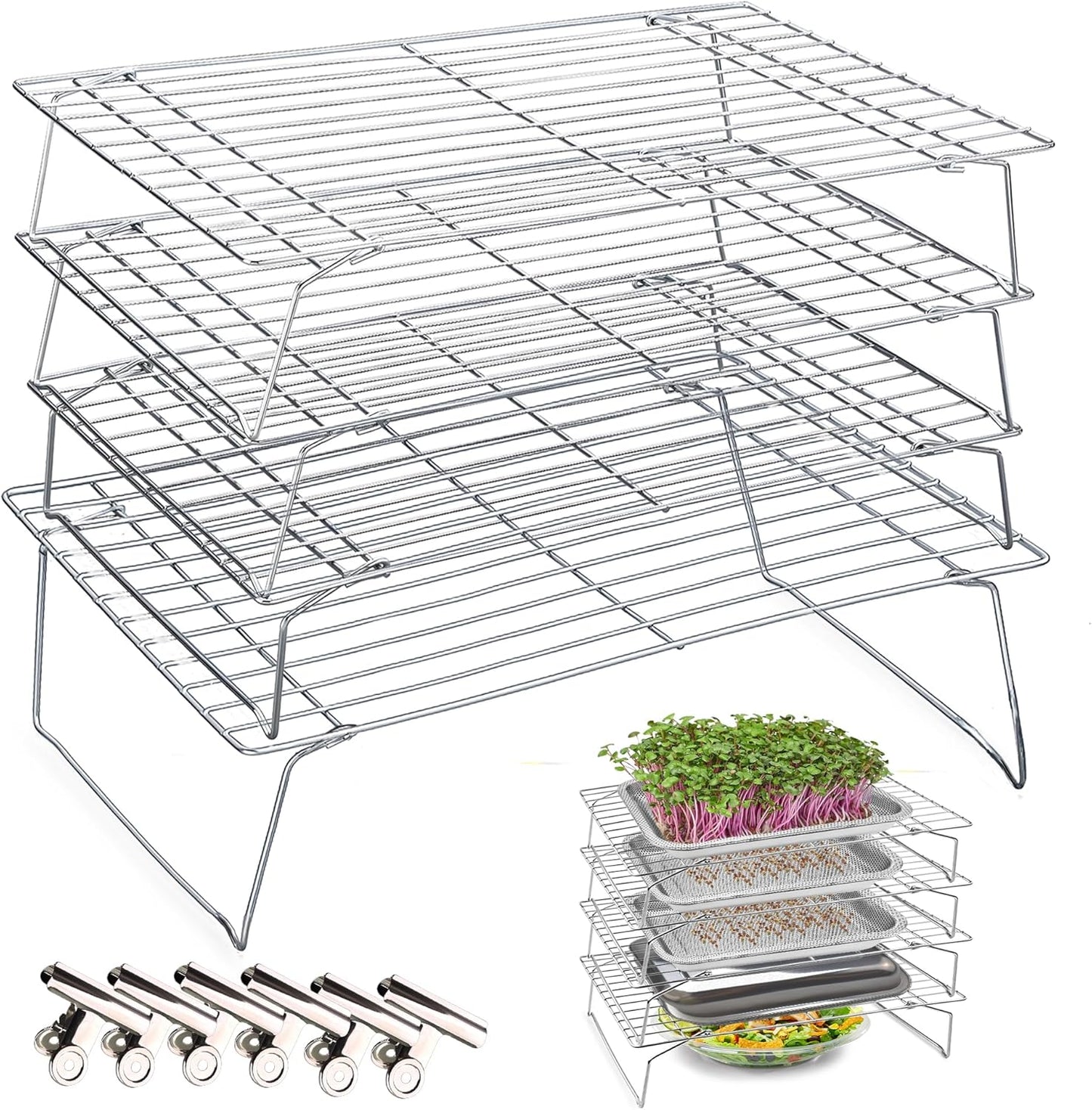Sprouts Growing Rack 4-Tier 14 inch Shelf, Metal Foldable Plant Stand for Sprouting Tray Indoor, Seed Starting Tray Plant Shelf, Silver Rack for Kitchen Table Top Space Saving
