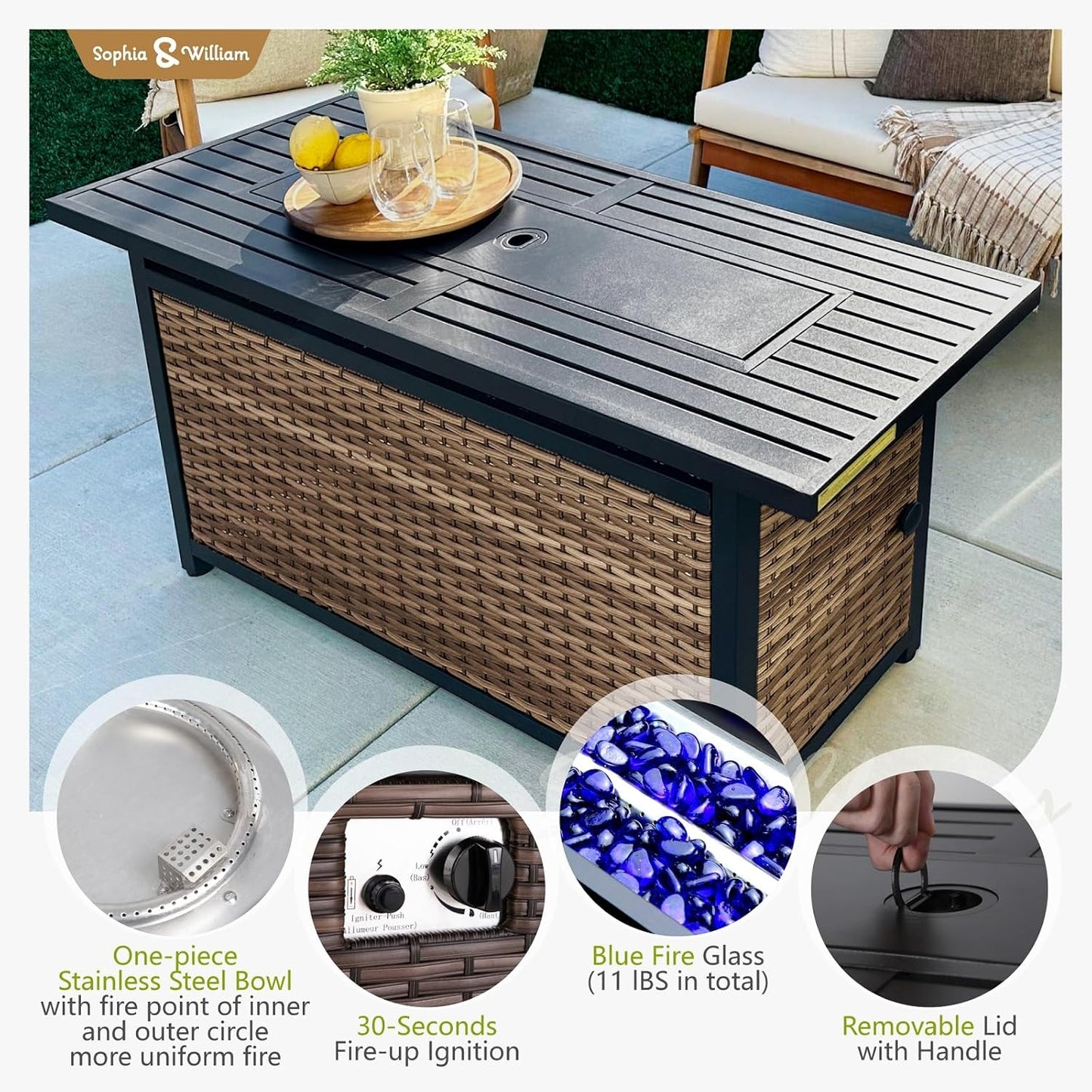 Sophia & William Patio Furniture Set with Fire Pit Table, 8 Piece Half Moon Outdoor Wicker Sectional Sofa Set, Rattan Conversation Set with 56-Inch Fire Pit Table & Ottoman (Aqua Blue)