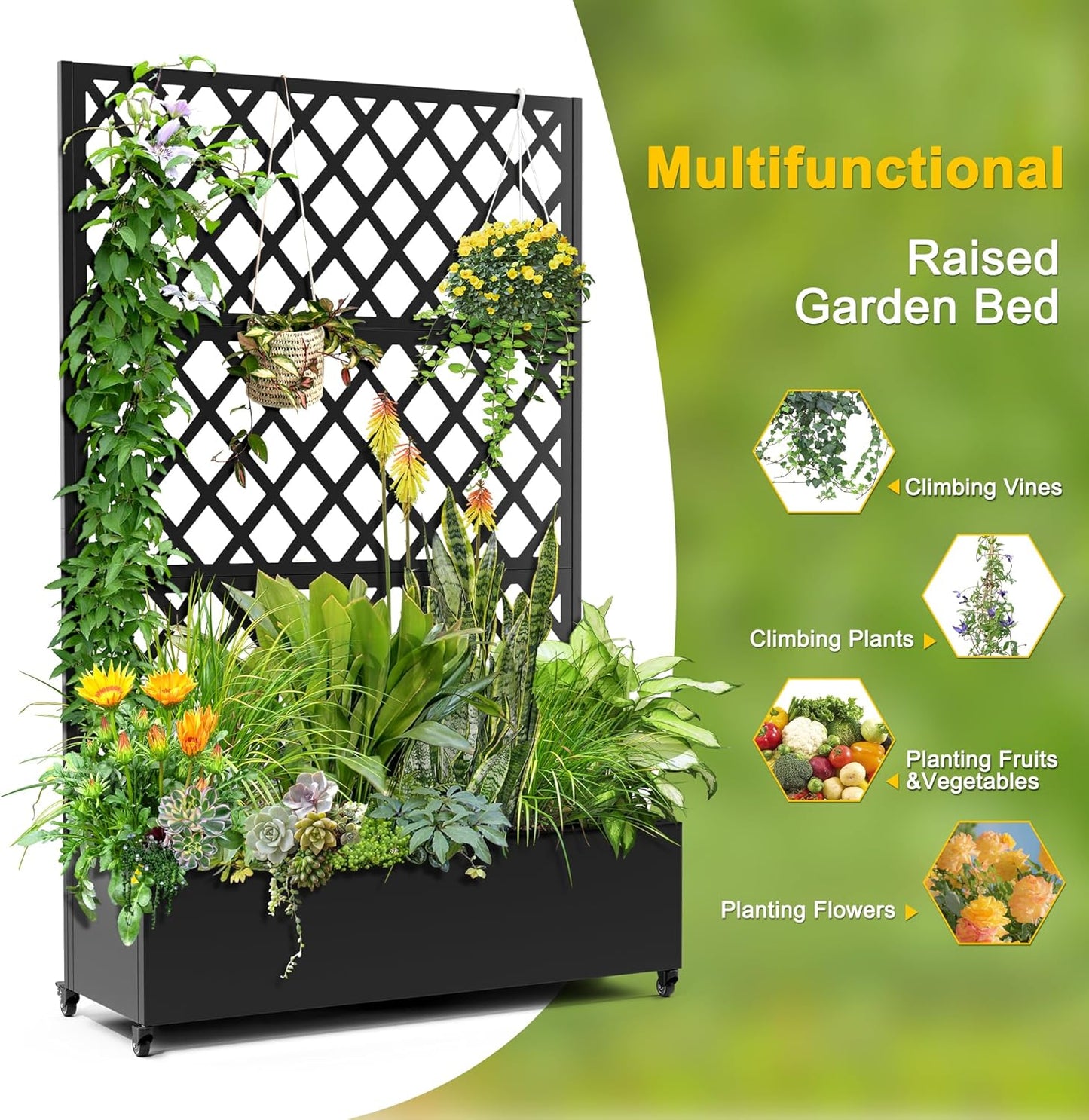 FENCY Metal Planter Box with Diamond Lattice Trellis Planter Box for Climbing Plants/Vines, Galvanized Raised Garden Bed On Wheels, Garden Bed with Trellis(73"x47" Black)