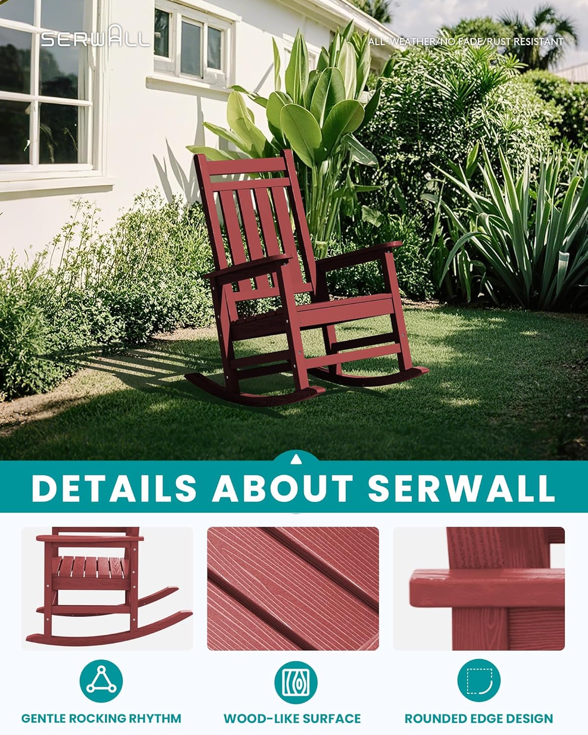 SERWALL HDPE Outdoor Rocking Chair Set of 8, Patio Rocking Chairs for Adults, All Weather Outdoor Rockers for Lawn, Crimson Red