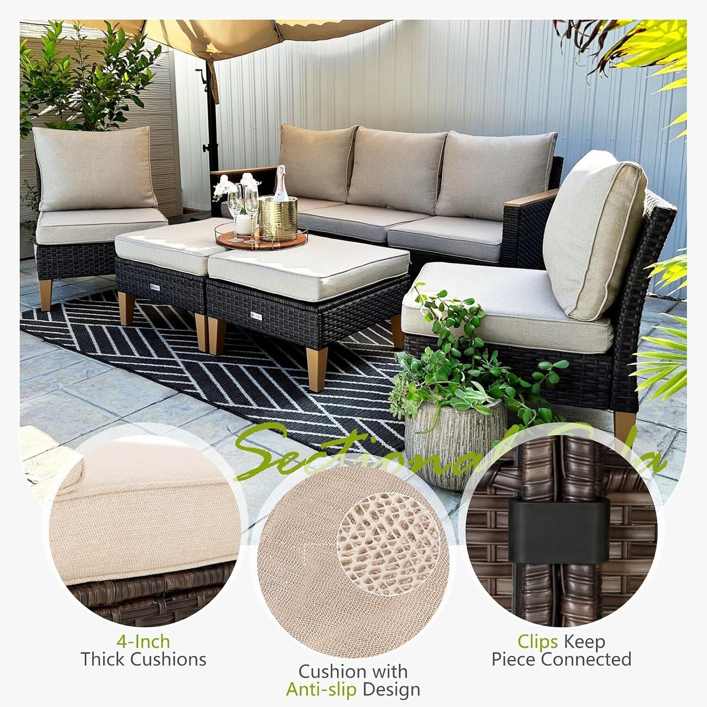 Sophia & William Outdoor Patio Furniture Set High Back Wicker Sofa Chairs All-Weather Patio Conversation Set Couch with Clips & 4" Thick Cushions, Beige