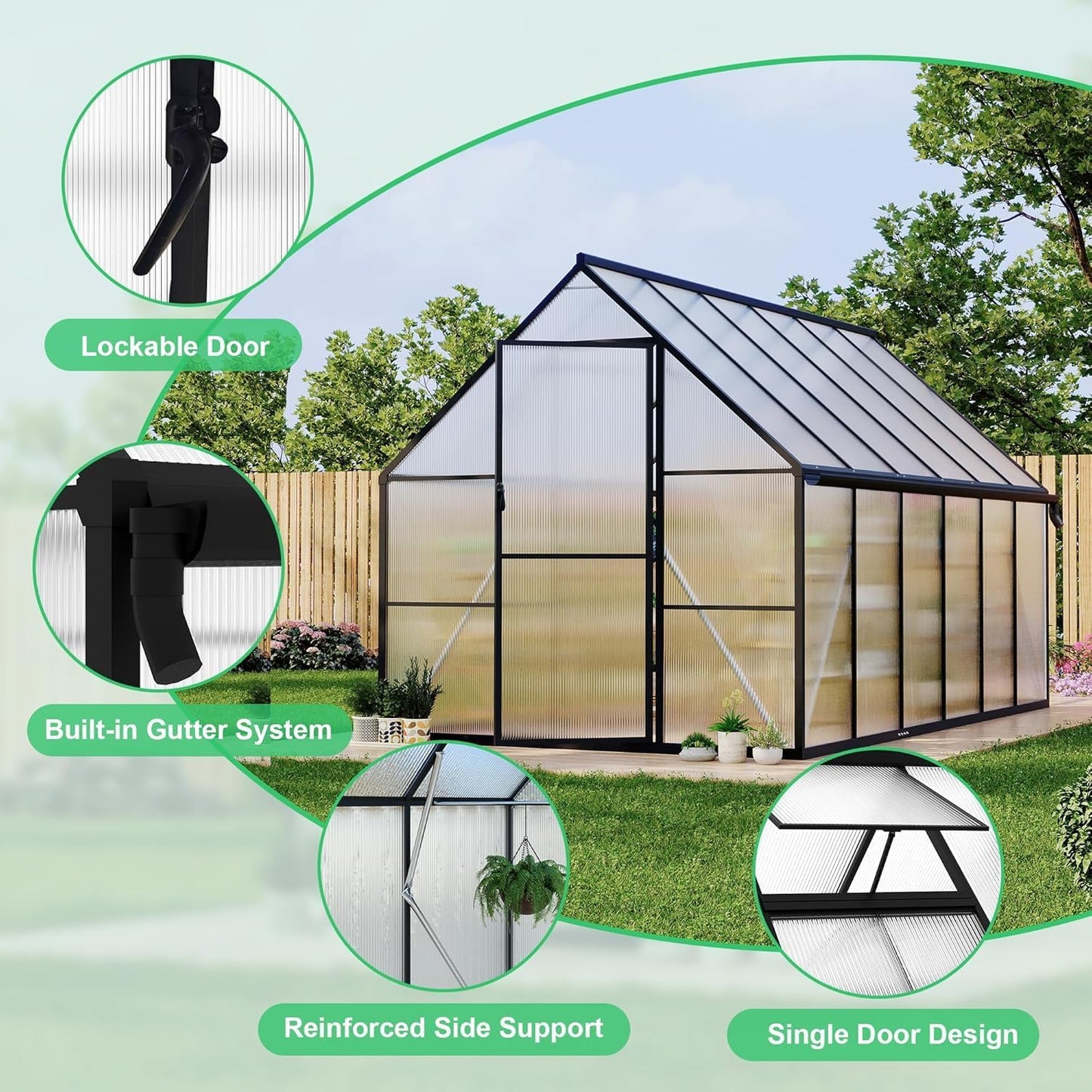 Greenhouse 8x12 FT Aluminum-Framed Heavy Duty Polycarbonate with Quick Setup Structure and Roof Vent, Large Enhanced Outdoors Green House Kit