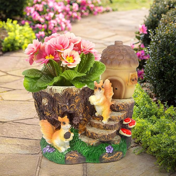 Solar Garden Statue Squirrel Decor,Flower Pots Planters Pots for Succulent,Outdoor Garden Sculpture for Patio Balcony Yard Lawn Decor,Unique Gift for Dad Mom Grandma