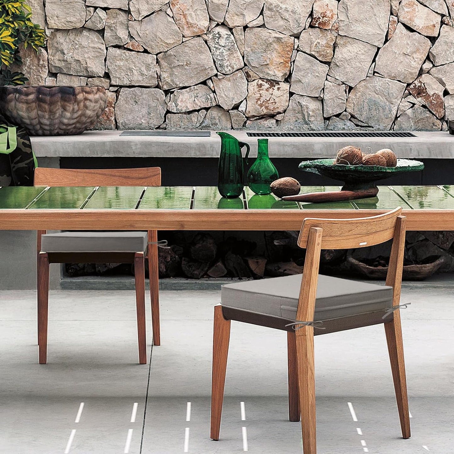 Sunbrella Square Corner Seat Cushions, 18.5" x 16" x 3", Set of 4, Indoor Outdoor Water Repellent Universal Chair Pads with Ties for Patio Furniture, Garden Dining Chairs, Specrtum Pebble