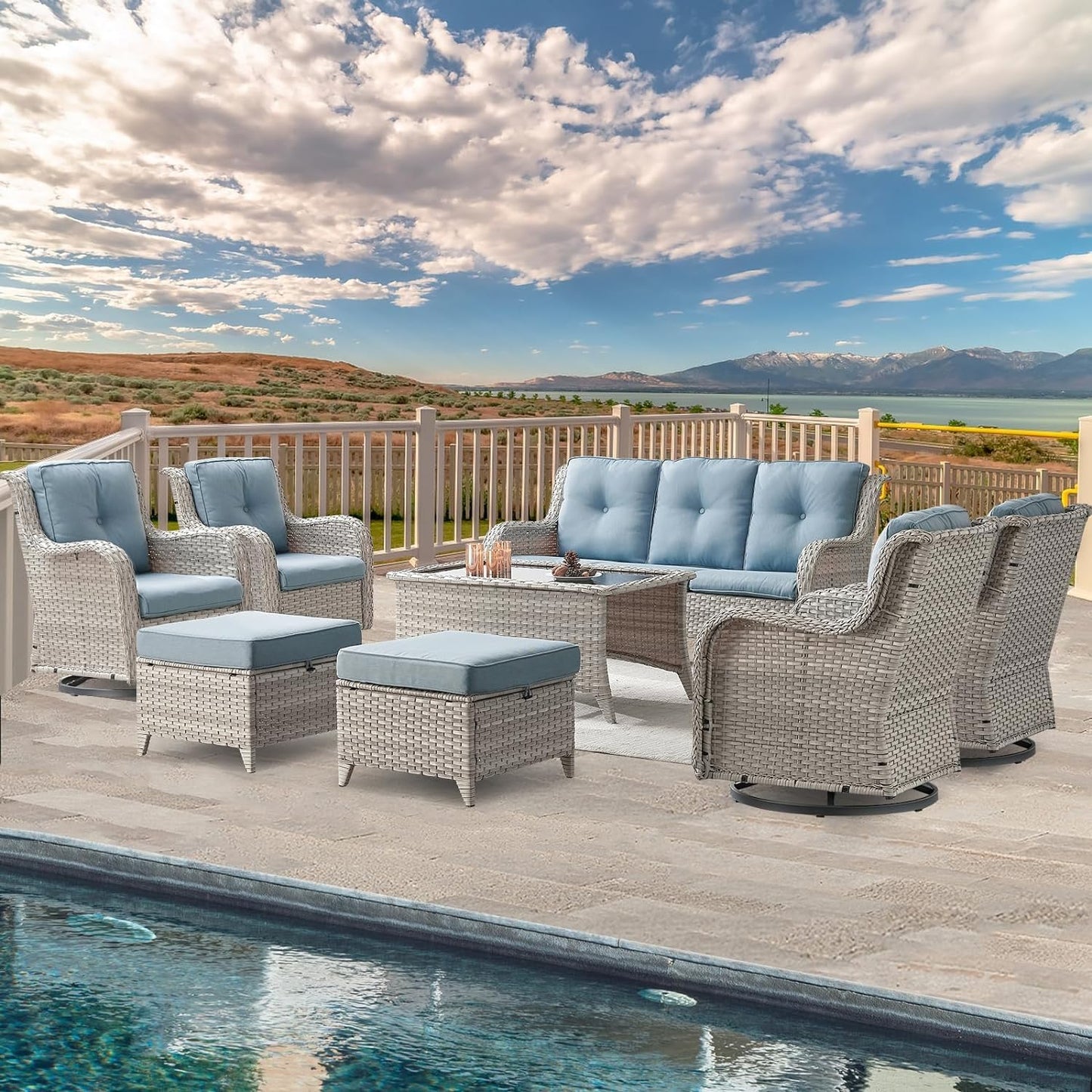 Wicker Patio Furniture Sets - 8 Piece Outdoor Rattan Furniture Conversation Sets with 4 Swivel Rocker Chairs, Rattan Sofa, Wicker Ottomans and Coffee Table, Light Grey/Baby Blue