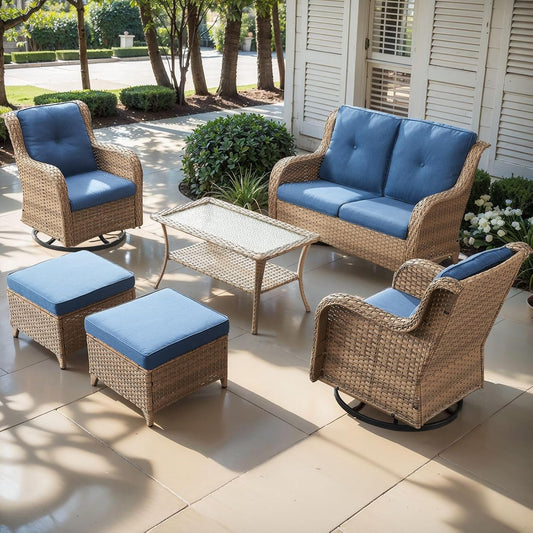 Outdoor Wicker Patio Furniture Set - 6 Piece Rattan Patio Conversation Set with 2 Rocking Swivel Chairs,2 Ottomans,1 Loveseat and 1 Coffee Table for Porch Deck Backyard Garden(Yellow/Blue)